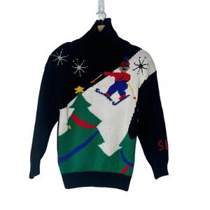 Robinsons Sweater Womens Black Small Ski Print Winter Mock Neck Cabincore Casual